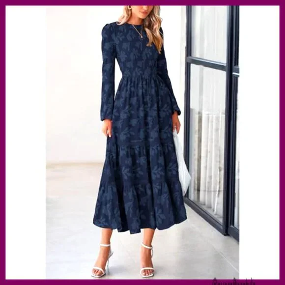 Long Sleeve Smocked Midi Dress Flowy Boho Elegant Wedding Guest Fall